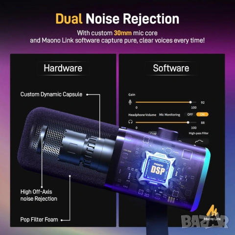 Гейминг микрофон RGB комплект с рамо MAONO PD100XS USB/XLR - Чисто нов, снимка 5 - Микрофони - 54102795