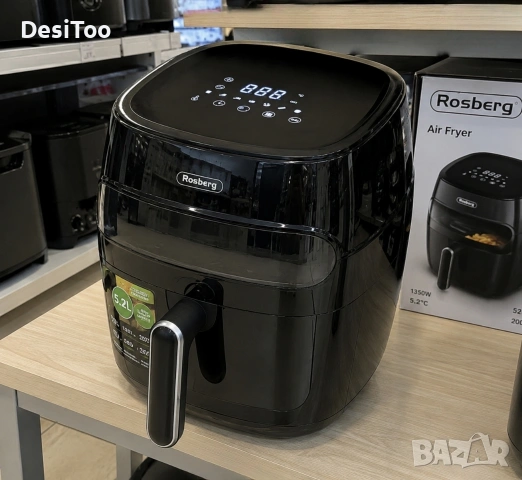 Фритюрник AirFryer , 1350W, 5.2л., LED дисплей, Горещ въздух, Таймер, до 200°C, Черен