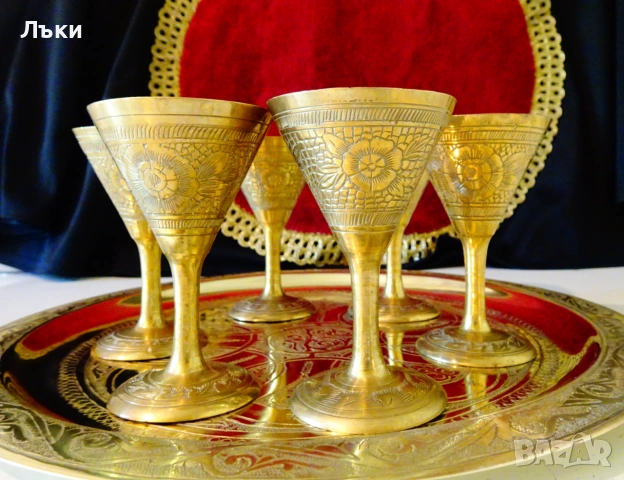 Бронзови чаши за ракия,цветя,орнаменти,позлата. , снимка 7 - Антикварни и старинни предмети - 55121538