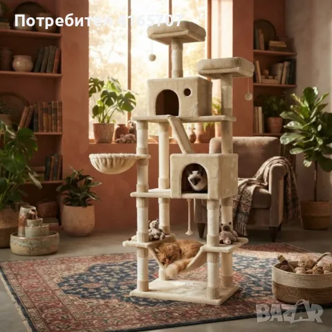 Драскалка за котки Light Gray 206 см – XXL катерушка с 2 къщички, хамак и площадки