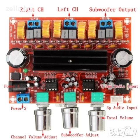 Стерео усилвател 2.1 TPA3116D2 Клас D – 2x50W + 100W субуфер, DIY Home Audio 10114, снимка 9 - Ресийвъри, усилватели, смесителни пултове - 54658326