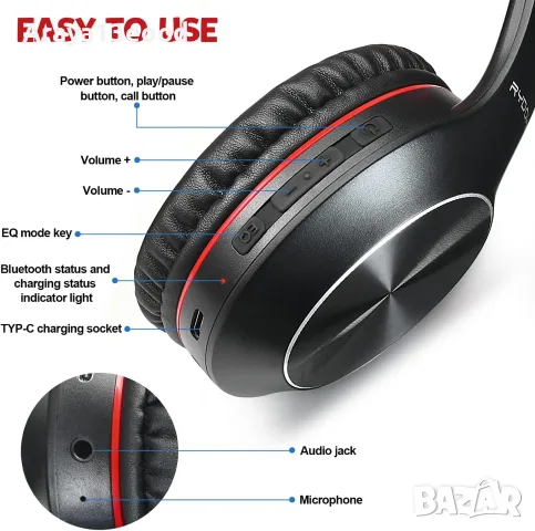 Rydohi Bluetooth Over-Ear Безжични слушалки с микрофон – 68 часа работа, Bluetooth, 3 EQ режима, снимка 6 - Bluetooth слушалки - 55537516