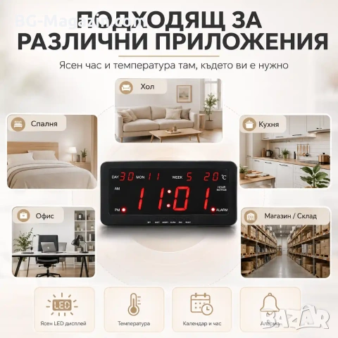 Голям дигитален настолен часовник с термометър аларма стенен на ток температура дата светещ на ток, снимка 7 - Други - 51038174