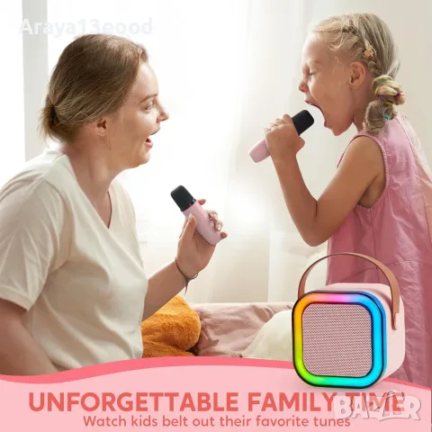 SYNCFUN Мини караоке машина с 2 безжични микрофона – Bluetooth високоговорител с LED светлини, снимка 3 - Музикални играчки - 55574873