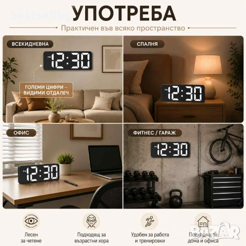 Светещ в тъмното настолен електронен часовник със светещи цифри стена, снимка 6 - Стенни часовници - 43396299