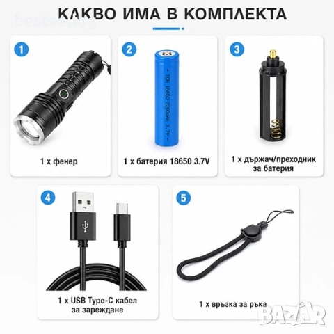 Мощен ръчен лед прожектор P90 фенер акумулаторен зарядно USB лов XHP90, снимка 5 - Къмпинг осветление - 40109922