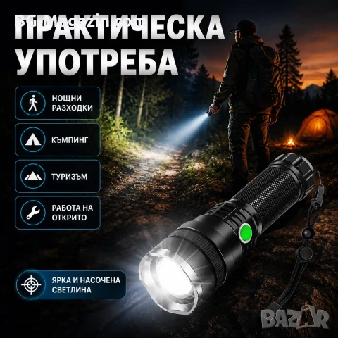 Мощен акумулаторен ръчен лед фенер водоустойчив USB зареждане LED CREE за лов риболов туризъм, снимка 7 - Къмпинг осветление - 51017172