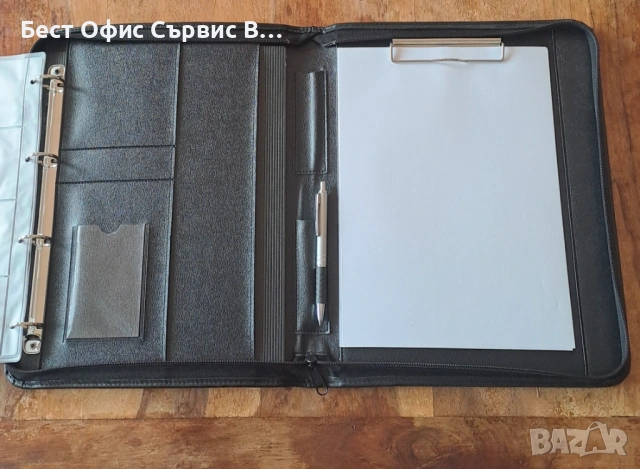 папка за документи луксозна с цип класьор и клипборд кожена черна А4, снимка 3 - Ученически пособия, канцеларски материали - 52542377