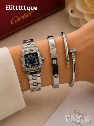 комплект часовник и гривни от висококачествена стомана cartier 