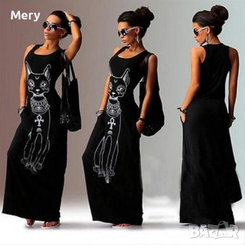 Лятна рокля с принт котка Бастет – бохо стил