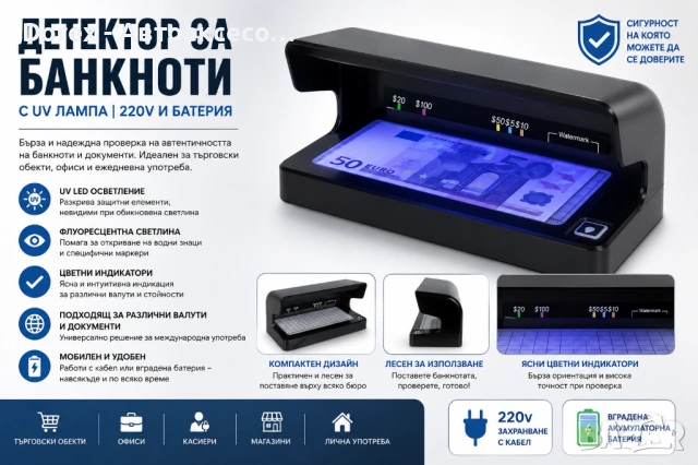 UV Детектор за Банкноти 220V с Вградена Батерия – Проверка на Водни Знаци и Защитни Елементи