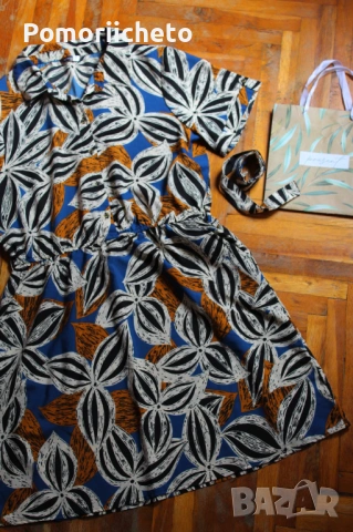 Къса рокля с яка и ръкави с флорални мотиви, джобове, снимка 2 - Рокли - 54127567