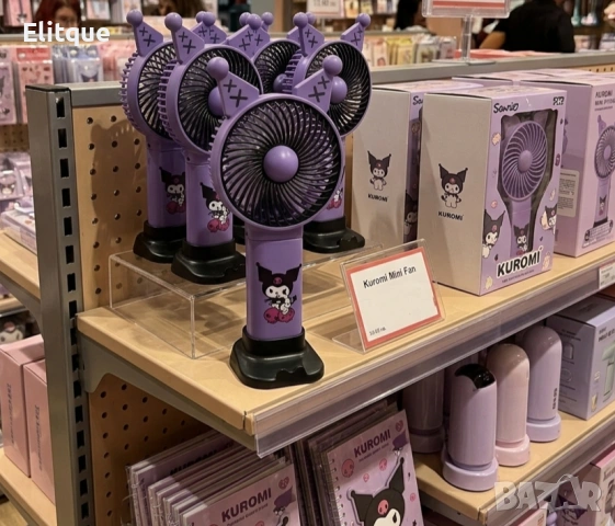 Kuromi USB вентилатор с поставка за телефон – Акумулаторен преносим вентилатор с ушички, 5 скорости 