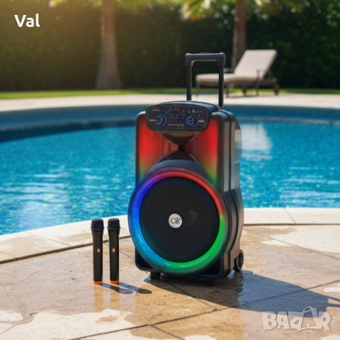 Караоке тонколона 12" BT-1218 с Bluetooth, цветомузика и 2 безжични микрофона , снимка 2 - Тонколони - 54827078