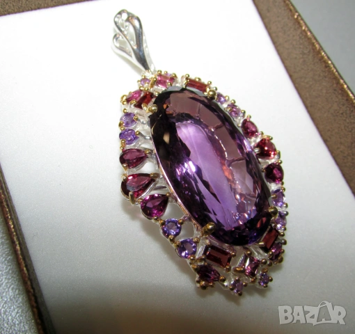 925 сребърно колие с голям аметист 50 карата, снимка 2 - Колиета, медальони, синджири - 54053275
