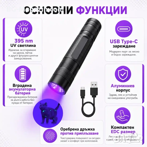 Акумулаторен UV фенер 395nm за откриване на петна и урина от домашни любимци, снимка 6 - Къмпинг осветление - 55123640