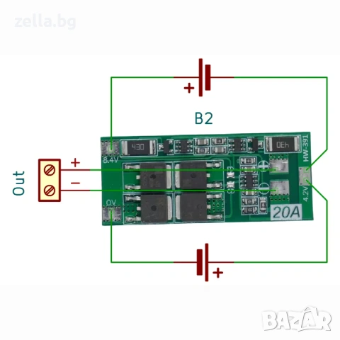 Комплект 2 броя BMS модул 2S 20A 7.4V с балансиране, защита за Li-Ion 18650/26650, DIY 10452, снимка 4 - Друга електроника - 54703313