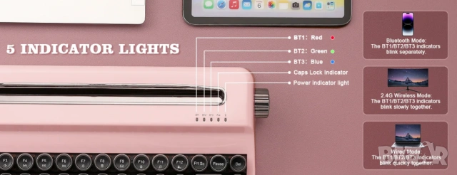 YUNZII QL75 Retro Typewriter Mechanical Keyboard –безжична механична клавиатура в стил пишеща машина, снимка 12 - Клавиатури и мишки - 54556457