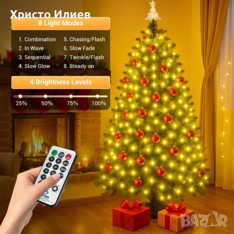 Коледни лампички за елха 350 светодиода 8 режима Водоустойчиви със звездовиден връх и дистанционно, снимка 3 - Декорация за дома - 55085860