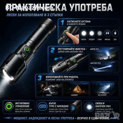 Мощен акумулаторен далекобоен лазерен прожектор LED фенер USB тактически водоустойчив лов риболов, снимка 5 - Къмпинг осветление - 51017230
