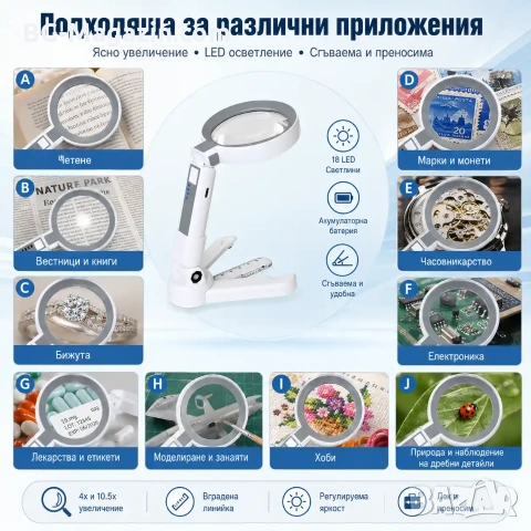 Акумулаторна ръчна увеличителна лупа с LED осветление USB зареждане за четене 4X увеличение и скала, снимка 7 - Други инструменти - 53032303