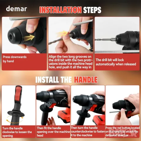Акумулаторен перфоратор/къртач тип “hammer drill” с 3 свредла, SDS-Plus и помощна дръжка, снимка 2 - Перфоратори - 55320884