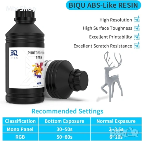 Нова 3D принтерна смола BIQU ABS-Like Resin 405 nm Сив, снимка 2 - Друга електроника - 54608297