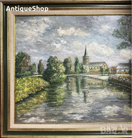 Картина. Замък с езеро. Масло върху канава., снимка 2 - Картини - 54087527