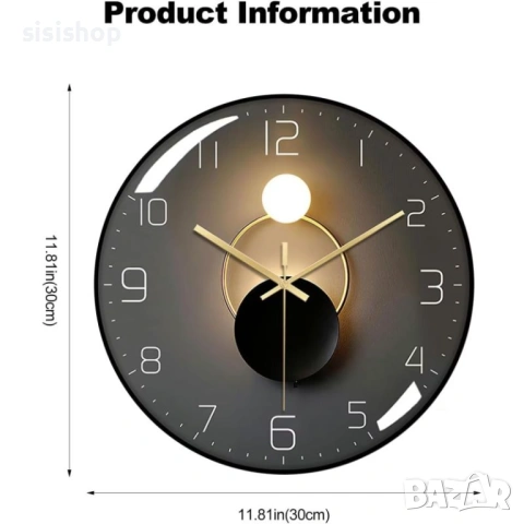 Стилен интериорен часовник (30 см) – Черен мат с изпъкнал стъклен корпус 4442, снимка 5 - Стенни часовници - 53978331