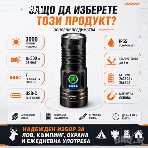 Мощен тактически ръчен фенер | 3000 лумена | 500м обхват | USB-C за къмпинг лов риболов палатка, снимка 4 - Къмпинг осветление - 54109999