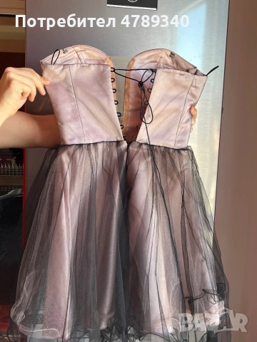 Официална къса рокля тип корсет с розов сатен и черен тюл, снимка 2 - Рокли - 54111694