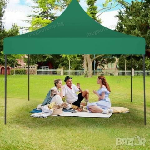Сгъваема Шатра 3х3 с Усилена Конструкция и Зелено Гумирано Покривало, снимка 3 - Градински мебели, декорация  - 54014262