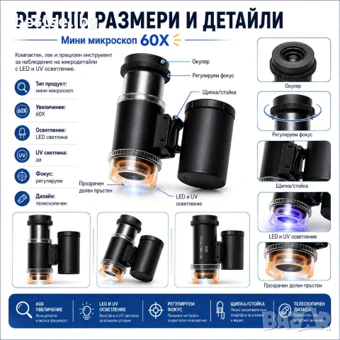 Мини микроскоп 60X с LED и UV светлина за банкноти бижута монети и детайли, снимка 5 - Други инструменти - 29261267