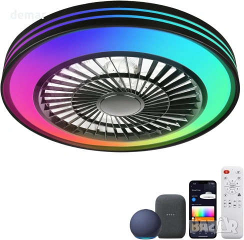 Смарт таванен вентилатор с LED RGB осветление 50 см, WiFi, Alexa, дистанционно