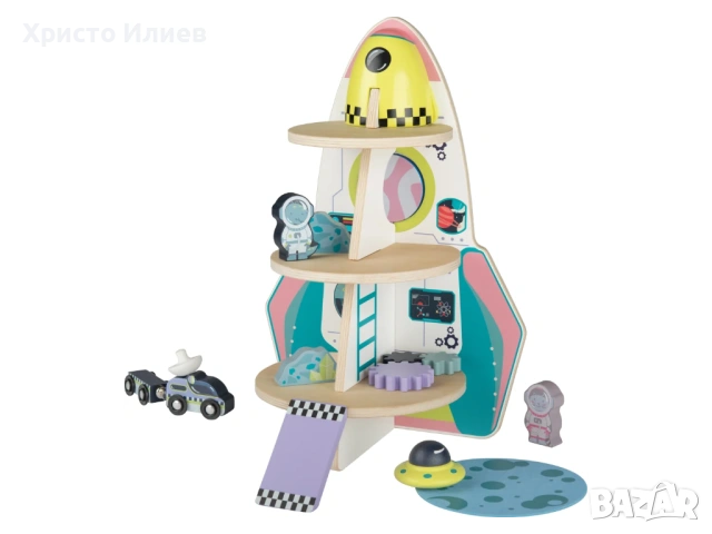 Дървена Космическа ракета писта с дървена кола и космонавти