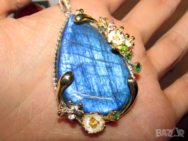 925 Масивно сребърно колие с 85 карата африкански лабрадорит, снимка 4 - Колиета, медальони, синджири - 53975857