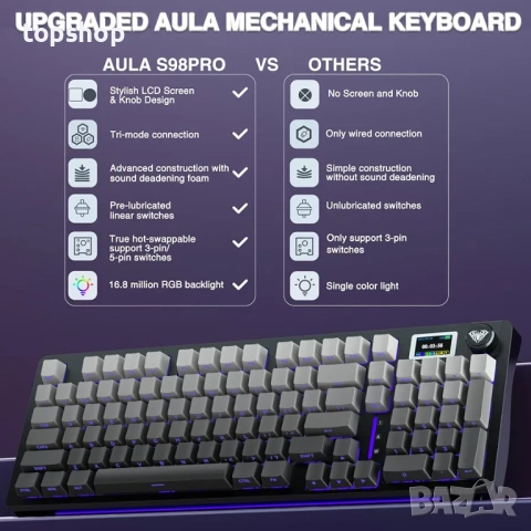 Чисто нова механична Клавиатура AULA S98 Pro – LCD Смарт Екран, Ролер, Безжична (Tri-mode)  , снимка 2 - Клавиатури и мишки - 54478256