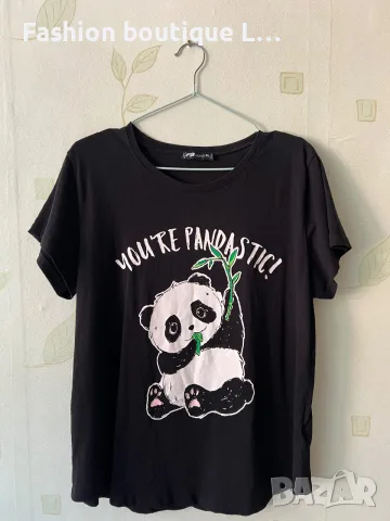 2.5 евро дамска черна тениска 100% памук с щампа панда и надпис you are pandastic 🖤