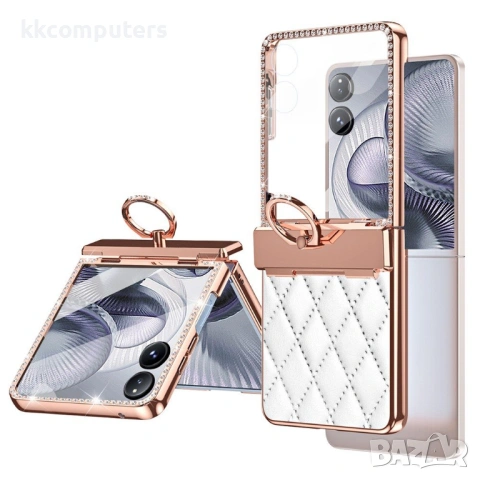 Xiaomi Mix Flip 2 калъф – PC+кожа, кристали, пръстен държач, протектор, 5 цвята