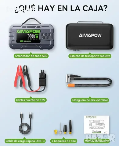 Чисто нов запечатан в целофан стартер за кола AIMAPOW A30 9000A / 2220mAh / 26.64Wh компресор 160psi, снимка 8 - Аксесоари и консумативи - 55382957