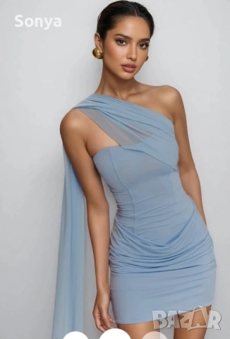 Haliny Blue Slinky And Mesh Mini Dress, снимка 3 - Рокли - 54912108