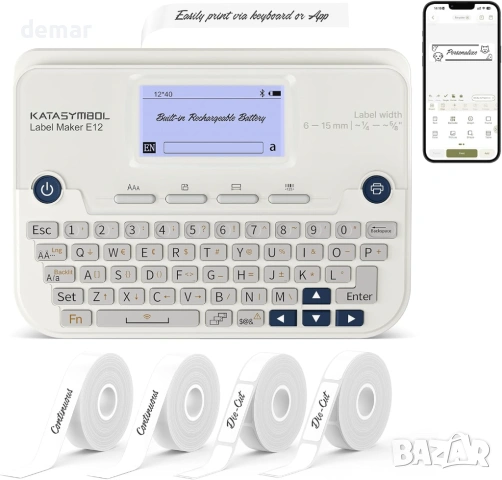 Машина за етикети SUPVAN E12, термопринтер за етикети, Bluetooth, USB-C, 4 ленти