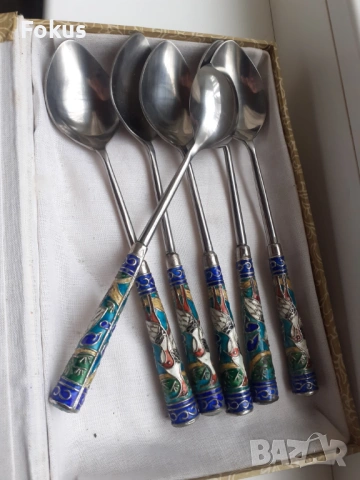 Комплект антикварни лъжички с клетъчен емайл - клоазоне, снимка 5 - Антикварни и старинни предмети - 53964972