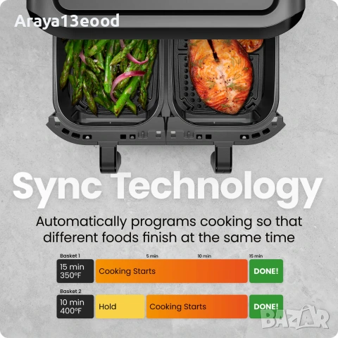 Двоен еър фрайър Chefman 5.6L с 2 кошници, Sync Finish и прозорци за наблюдение, снимка 4 - Фритюрници - 55273823