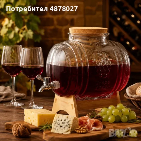 Стъклено буре 5 литра, с кранче и дървена поставка за вино, ракия и домашни напитки, снимка 5 - Бидони, бурета и бъчви - 55432646