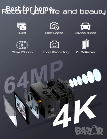 Apexcam 4K 60FPS 64MP EIS WiFi Екшън камера с 64GB карта памет, водоустойчива подводна камера, снимка 2 - Камери - 54454467