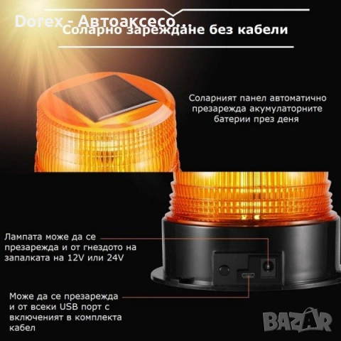 Соларна LED сигнална лампа маяк 18 диода 12/24V - оранжева, снимка 2 - Аксесоари и консумативи - 54784302