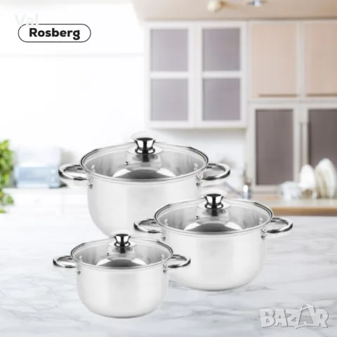 Комплект тенджери Rosberg R51210O6, включва - 20/22/24см., Неръждаема стомана, снимка 3 - Съдове за готвене - 55334780