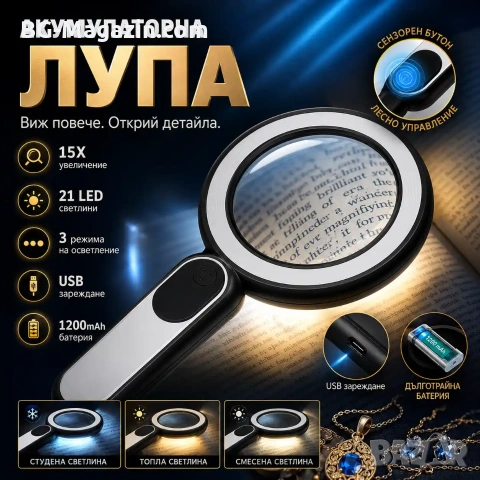 Мощна голяма увеличителна лупа 15X LED осветление стъклена за четене на книга вестник с дръжка лед