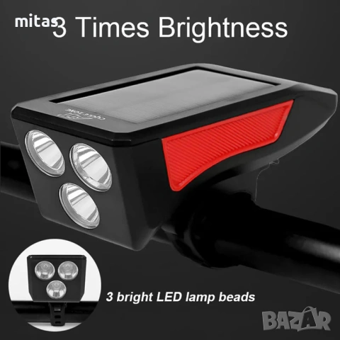 Соларна LED светлина за велосипед с клаксон - 350Lum, 120dB, 3 режима, снимка 6 - Аксесоари за велосипеди - 30315167
